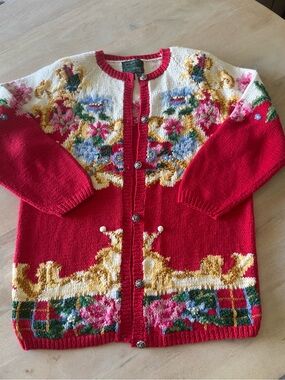 Vintage Hand Knit Red Floral Cullinane Cardigan Sweater